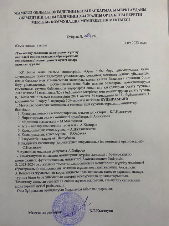 Тамақтану сапасына мониторинг жүргізу жөніндегі комиссиялардың (бракераждық комиссиялар) бұйрығы
