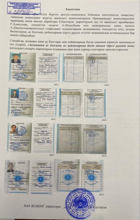Тамақтану сапасына мониторинг жүргізу жөніндегі комиссиялардың (бракераждық) комиссия мүшелері стафилакок талшықтарына медициналық тексерістен өтіп, медициналық кітапшасына рұқсат допуск қойылды.