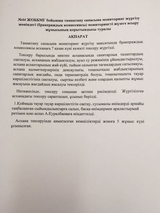 Тамақтану сапасына мониторинг жүргізу комиссиясының қорытынды ақпараты