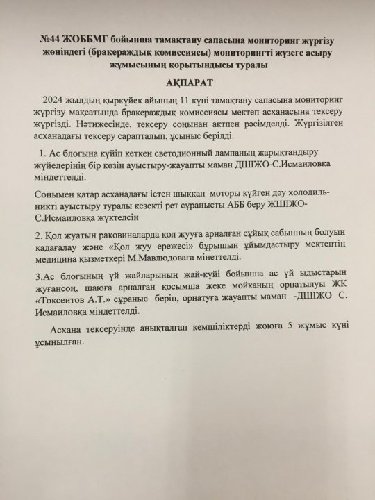 Тамақтанутану сапасына мониторингті жүргізу комиссиясының қорытынды ақпараты